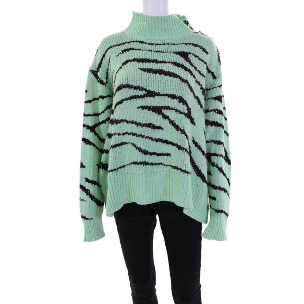 Olivia Rubin Womens Sequin Abstract High Neck Pullover Sweater Top Green Size L